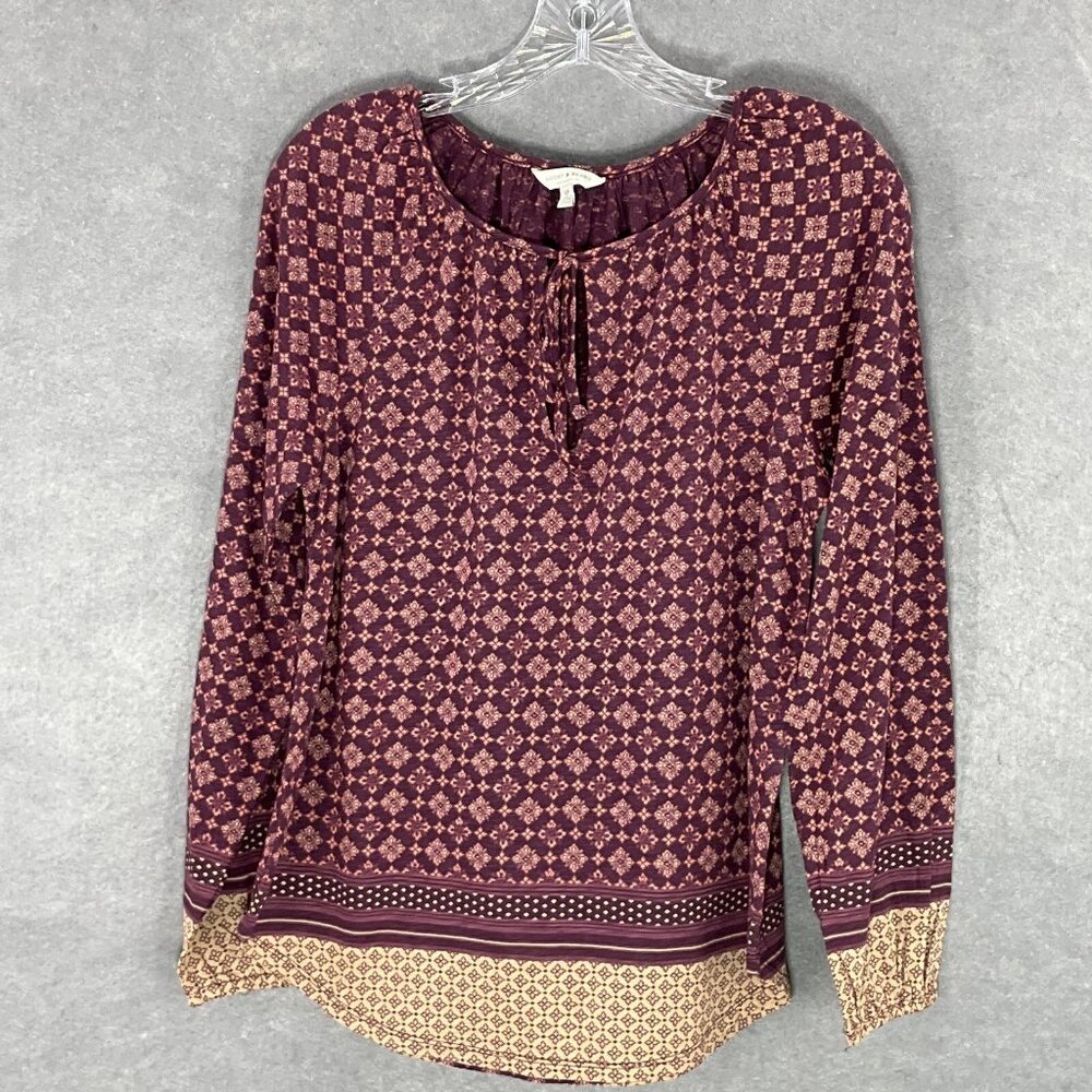 Lucky Brand Top Women‎ Sz S Multicolor Patchwork Round Neckline Peasant Boho